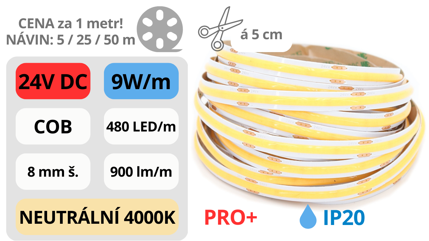 LED pásek COB 24V / 480LED / 9W / 4000K / IP20 / 8mm / PRO+