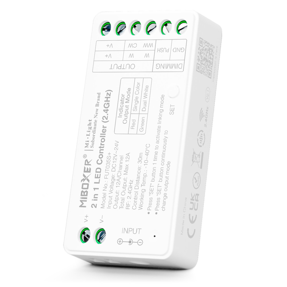 Řídící jednotka FUT035S+ (2v1) Mi.Light MiBOXER pro jednobarevné a CCT LED pásky, RF 2,4 GHz, 12V-24V, 12A