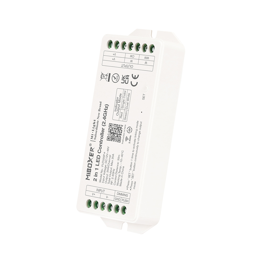 Řídící jednotka FUT035P+ (2v1) Mi.Light MiBOXER pro jednobarevné a CCT LED pásky, RF 2,4 GHz, 12V-48V, 20A