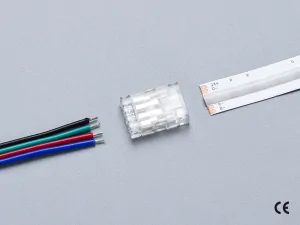 4 pin KONEKTOR pro RGB COB & SMD LED pásky, typ: LED pásek ↔ SVORKA pro přívodní vodič, PCB 10mm