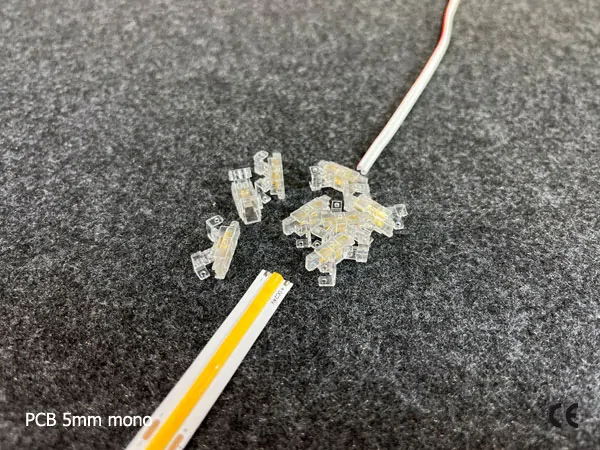 2 pin KONEKTOR pro MONO COB & SMD LED pásky, typ: LED pásek ↔ SVORKA pro přívodní vodič, PCB 5mm