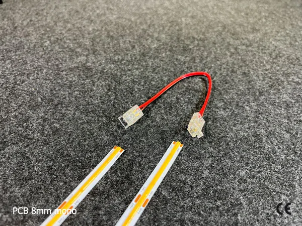 2 pin KONEKTOR pro MONO COB & SMD LED pásky, typ: LED pásek ↔ propojovací KABEL ↔ LED pásek, PCB 8mm